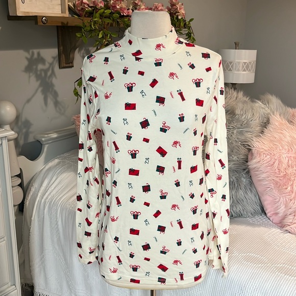 Christmas Top Mock Neck Cotton Off White Womens Medium New - Picture 6 of 8